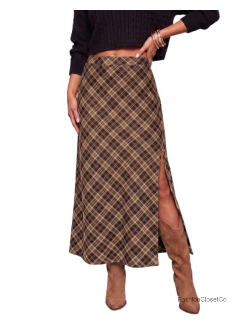 Women's Plaid A-Line Maxi Skirt with Side Slit High Rise Fall Trendy